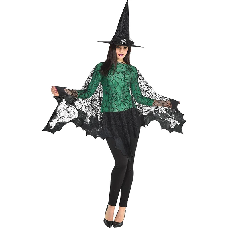 Female Black Adult Mesh Spider Web Bat Poncho Wearable Halloween Accessory Costume