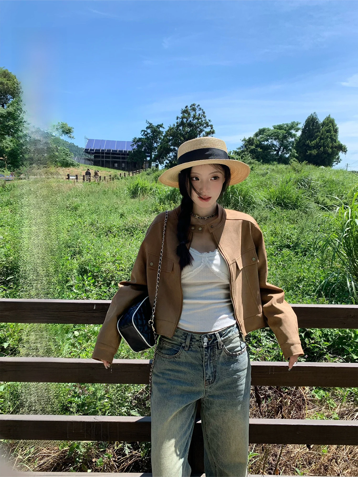 

i Color Suede Motorcycle Jaet Women's round Ne ort Coat Old Money Sle Commute Windproof Loose Fit Long Sve Top