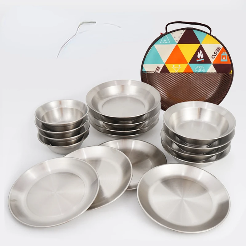 

Drive-in Portable Camping Bbq Tray Soup Tray New Style Outdoor Stainless Steel Plate Bowl 16-piece Set Camping Tableware Gift