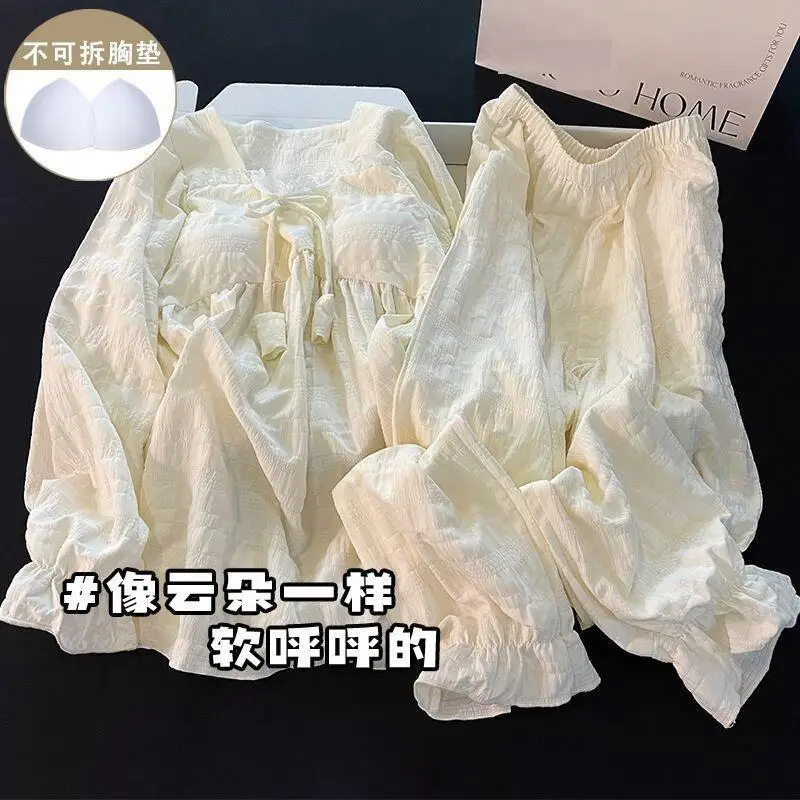 أطقم بيجامات بحافة من الدانتيل للفتيات الصغيرات بأكمام طويلة فضفاضة مع وسادة صدر ملابس كاواي حلوة للترفيه ملابس ربيع الخريف #3