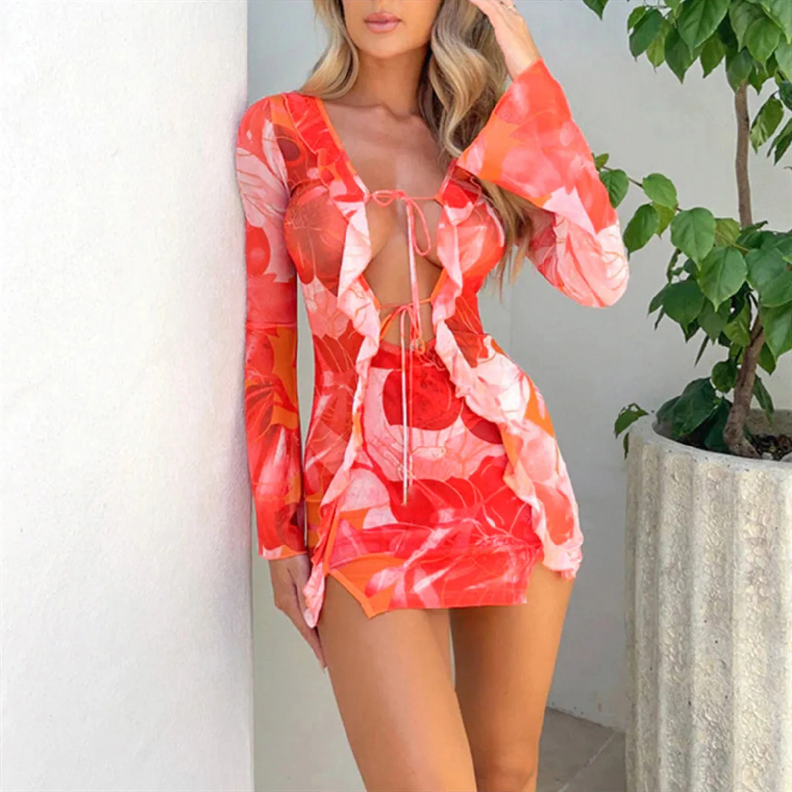 Vacation Printing Net Stitching Outfits Dress Wood Ear Ear Long Sleeve Slim Fitting Hip Women Dresses Summer Lace Dress Vestidos