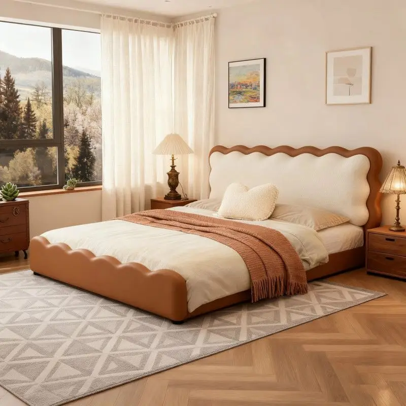 French cream style, leather bed, modern minimalism, medieval style, princess bed