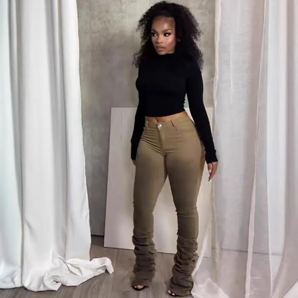 

Новинка 2023 года, плиссированные джинсовые брюки цвета хаки с высокой талией, женские европейские и американские трансграничные модные модные шикарные утягивающие длинные брюки