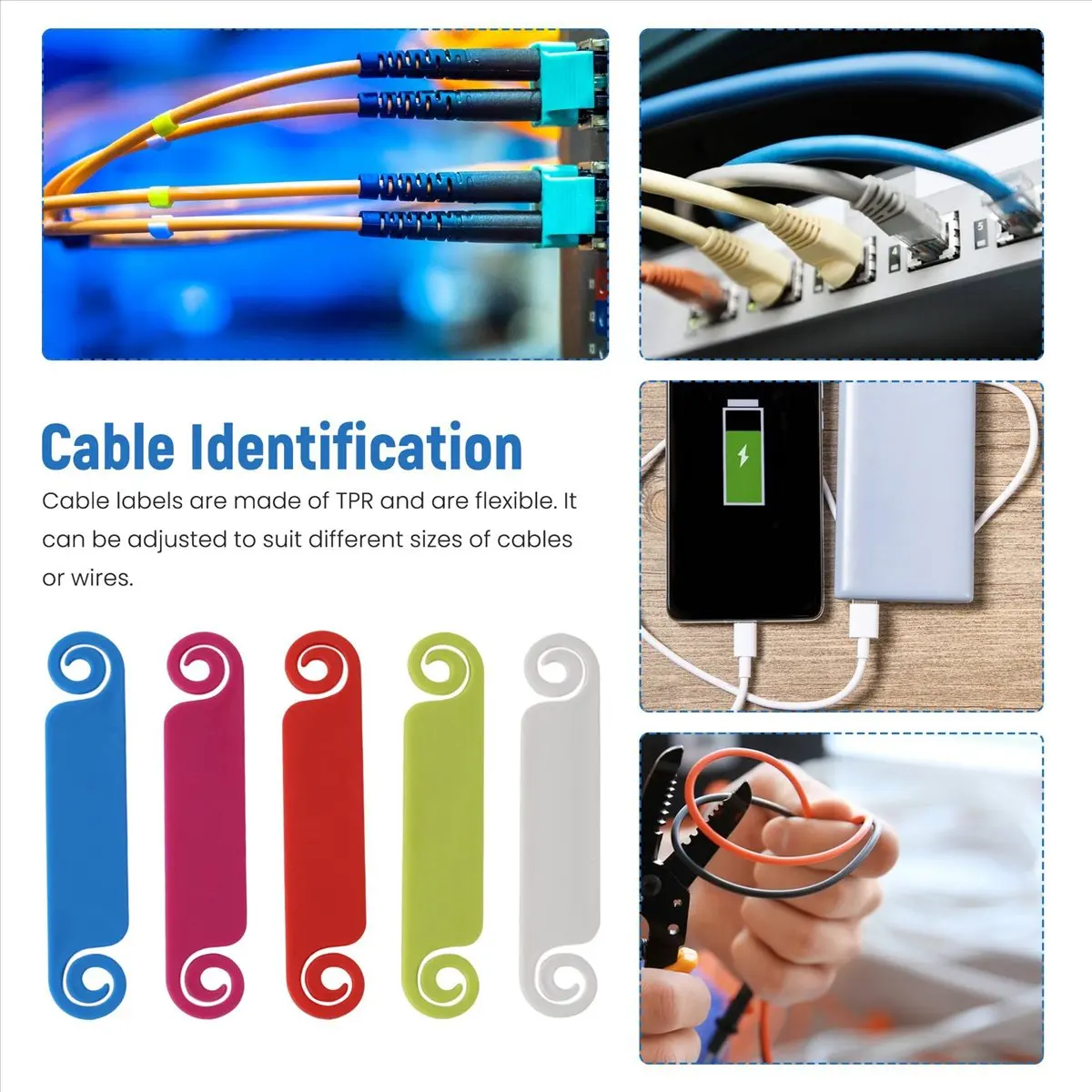 AA83 40Pcs Cable Labels Tags for Marking Wires Multicolored Cable Management Labels Clip Cord Cable Identification Marking