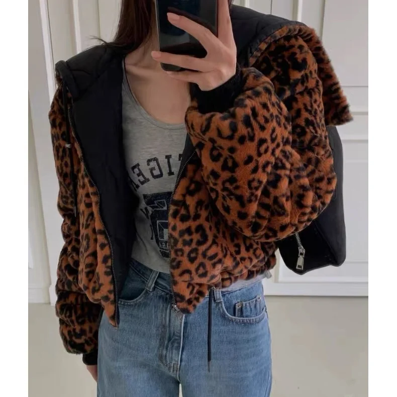 

Women's ort Thiened Double-Sided Wear Leopard Print Faionable Retro American Sle Autumn Winter Outerwear Jaet
