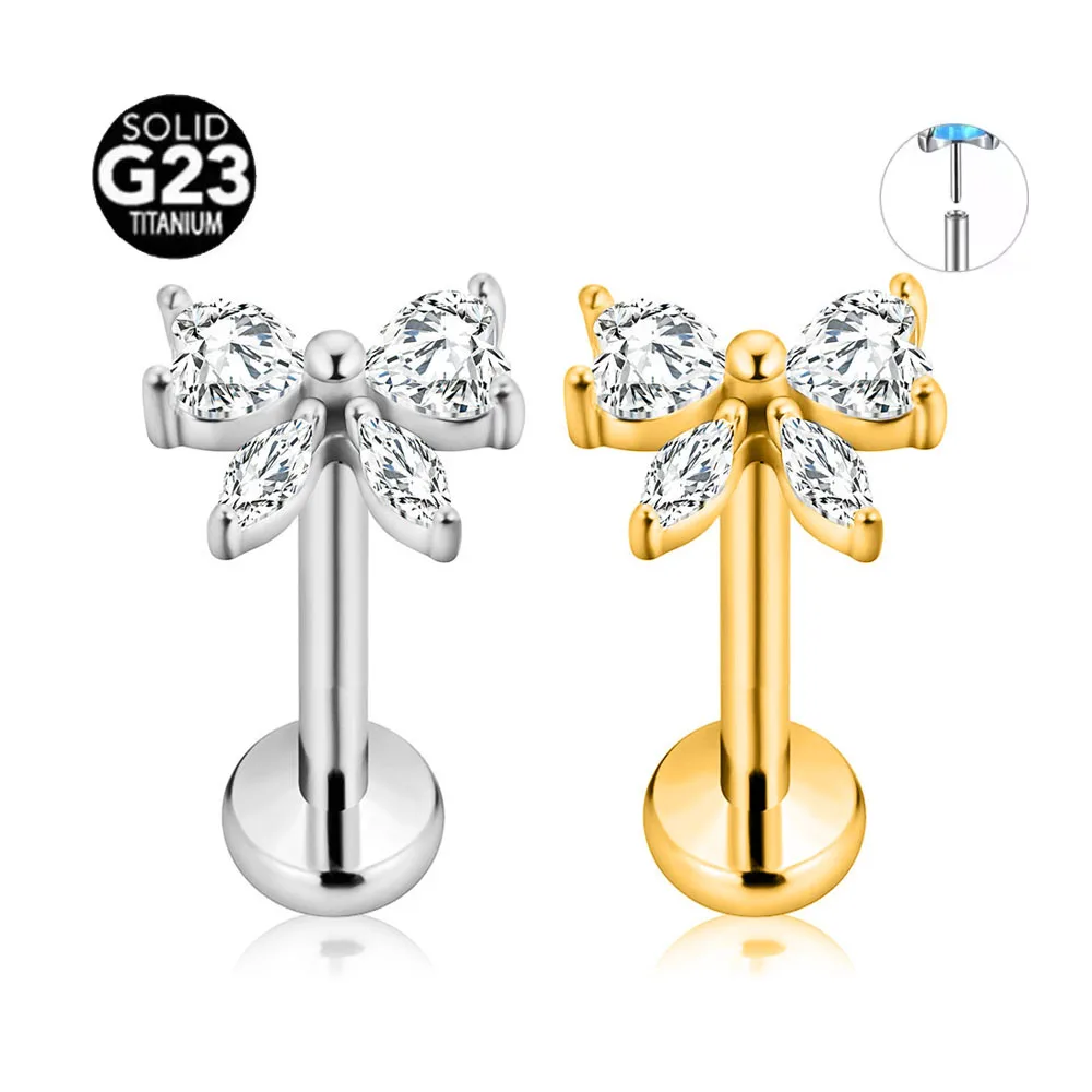

ASTM F136 G23 Titanium Butterfly CZ Threadless Piercing Daith Conch Tragus Flat Back Earring Pin Push in Lip Stud 16G 18G 20G