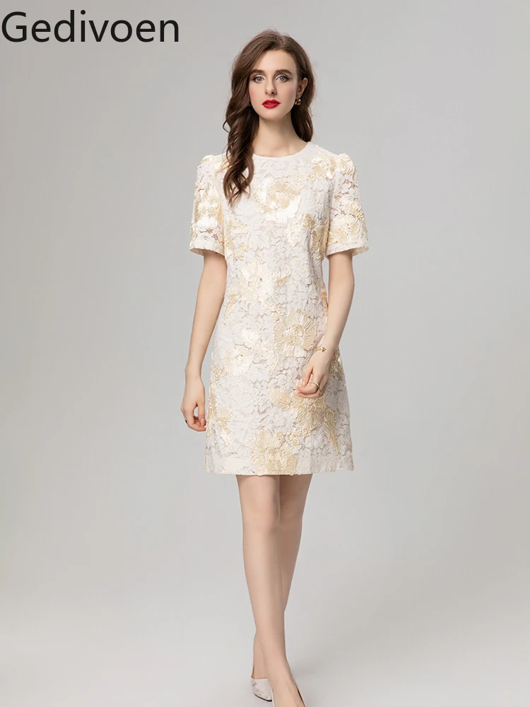 

Gedivoen Fashion Designer Summer Women's Dresses O-Neck Collar Embroidery Floral Elegant Office Lady A-LINE Dress