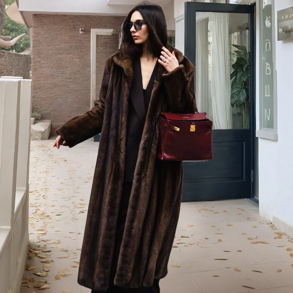 Luxury Elegant Natural Mink Fur Long Coats Women Winter Genuine Mink Fur Lapel Jackets Warm Real Fur Thick Overcoat