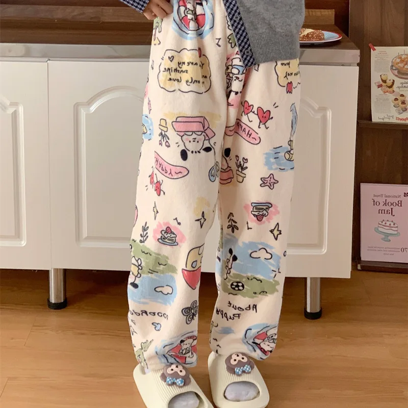 Sanrio Hello Kitty Sweet Cartoon Fashion Pajama Pants Women Coral Velvet Warm Pants New Loose Casual Niche Home Pants Gifts