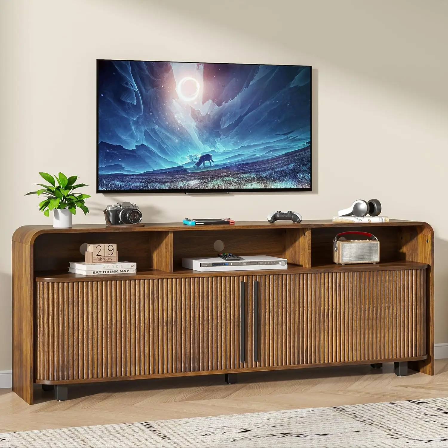 Fluted TV Stand for 75 65 80 Inch TV, 70 Inch Long Walnut Entertainment Center with Storage, Large Mid Century, Customized