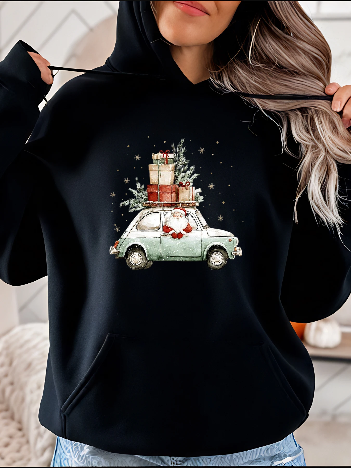 

Толстовка с принтом Рождественского автомобиля и Санта-Клауса, повседневная зимняя праздничная толстовка с графическим рисунком, женский уютный праздничный наряд