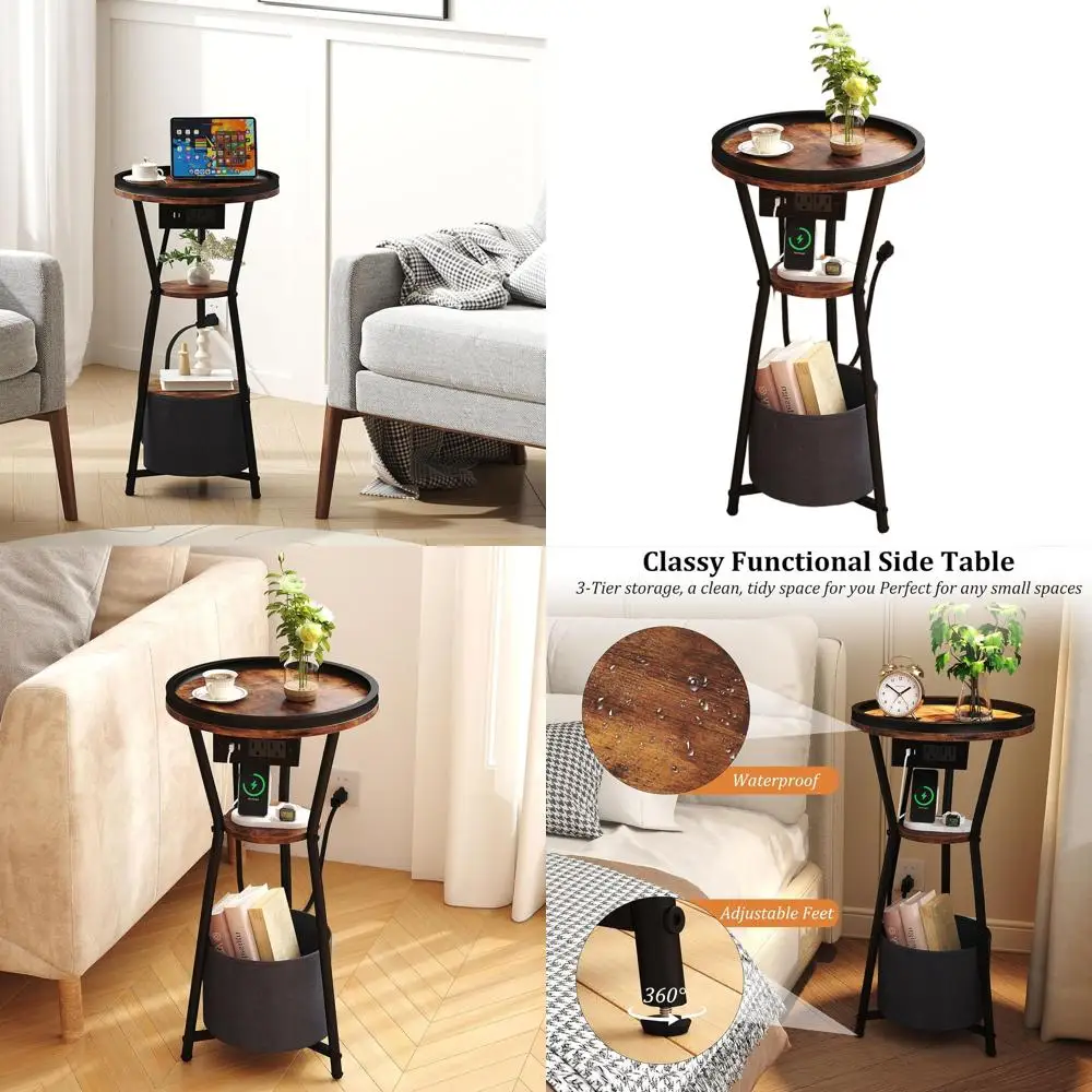 

Компактный приставной столик для зарядки для небольших помещений, 3-уровневый столик в индустриальном стиле, прикроватная тумбочка в деревенском стиле коричневого цвета для гостиной, спальни