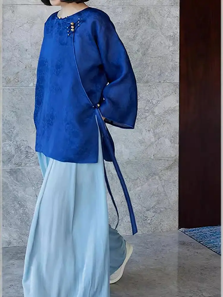 

New Chinese Style Blue Button up Shirt Women's Top Cold Tone Zen Aesthetic Polyester Fiber Autumn Season Fashionable Tunic