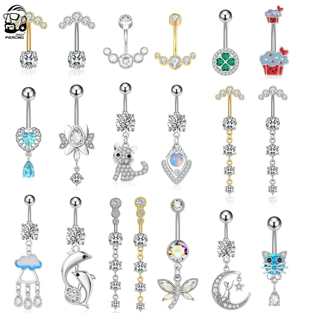 Style mixte Sexy nombril Piercing acier chirurgical 14G dauphin amour chat fleur balancent ventre nombril anneaux pour femmes bijoux