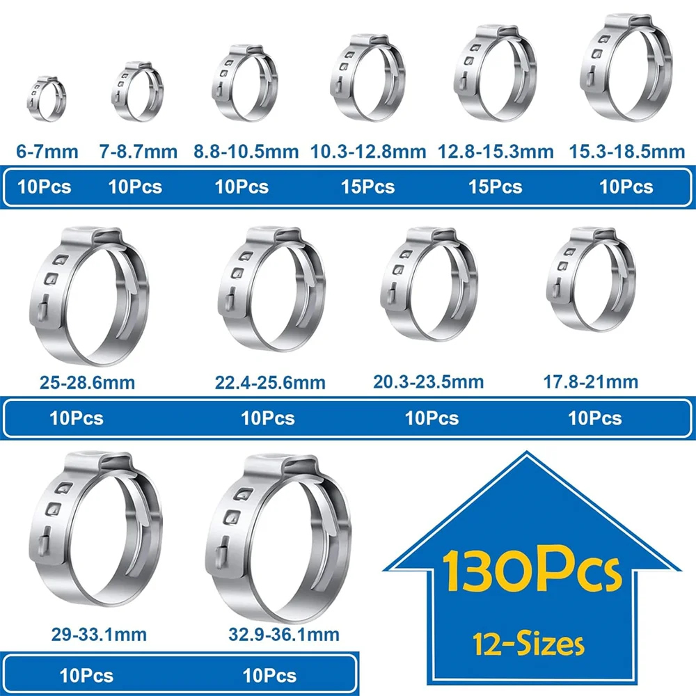 130Pcs 304 Stainless Steel Single Ear Hose Clamps Pliers Set 6-36.1mm Crimp Hose Clamps Automotive Clamps Stepless Hose Clamp