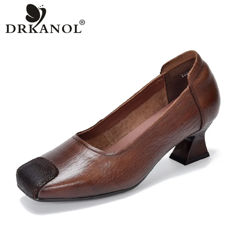 DRKANOL Retro Style Women Pumps Square Toe Genuine Cow Leather Slip On Mid Heel Shoes Shallow Comfort Commuter Shoes H6891-78T