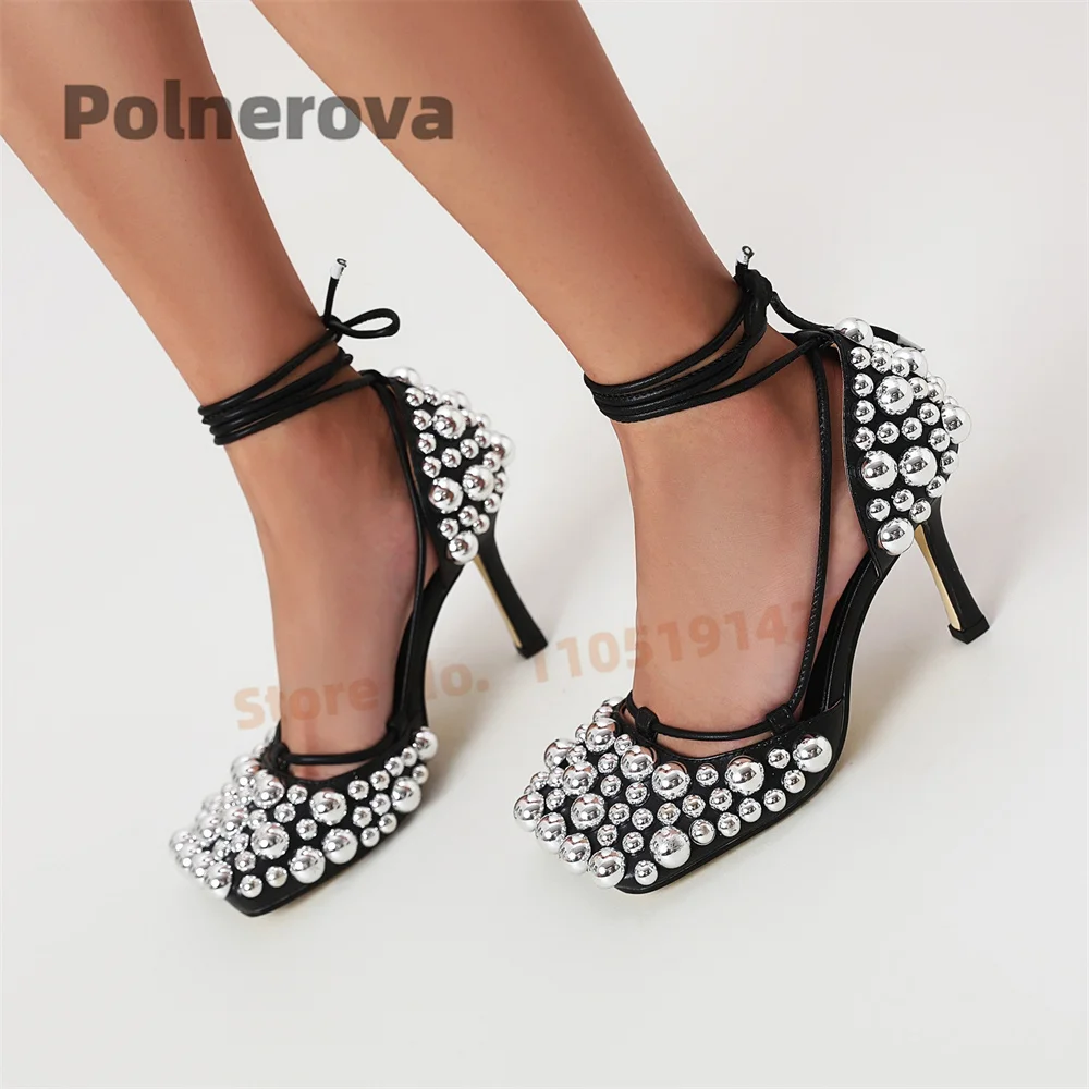 Silver Gold Metal Ball Cover Heel Sandals for Women High Heels Square Toe Ankle Strap Rivet Leather Stilettos Party Shoes Summer