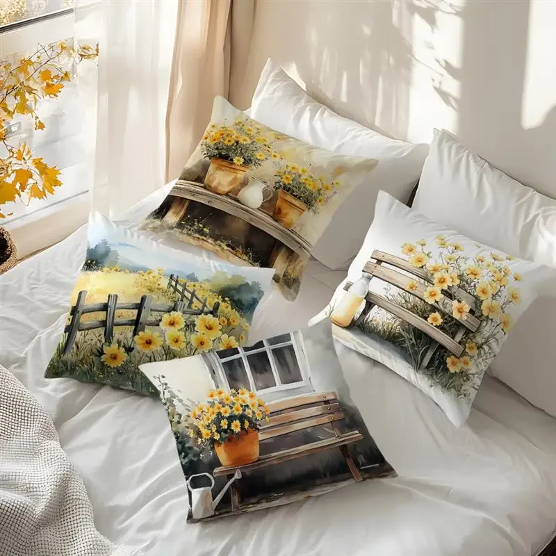 Flowers Wooden Fence Pillowcase Cushion 100% Polyester 45x45cm Throw Pillow Cover Sofa Chair Cushion Cover Pillowslip Home Decor