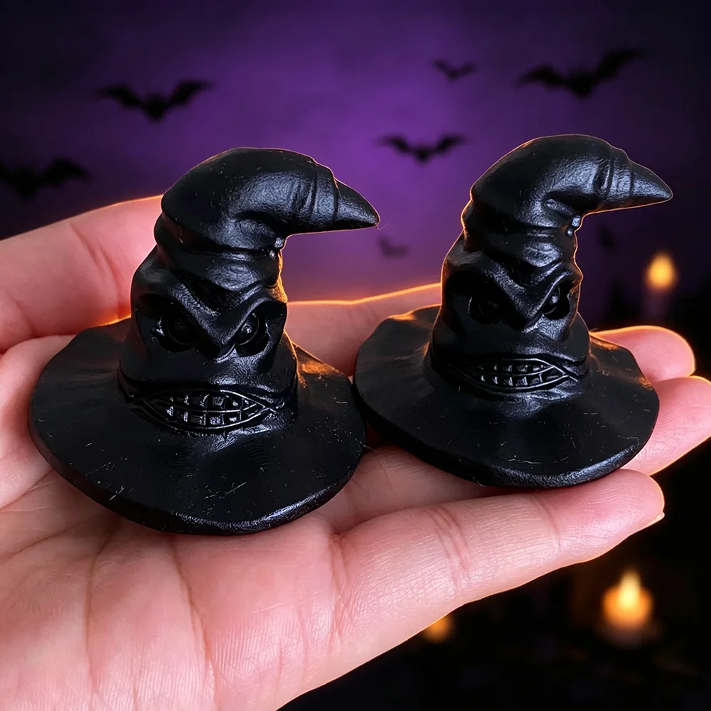 Figurine de chapeau de sorcier en obsidienne, labradorite et roche volcanique sculptée à la main, décoration de bureau en cristal pour Halloween, cadeau de collection sorcière