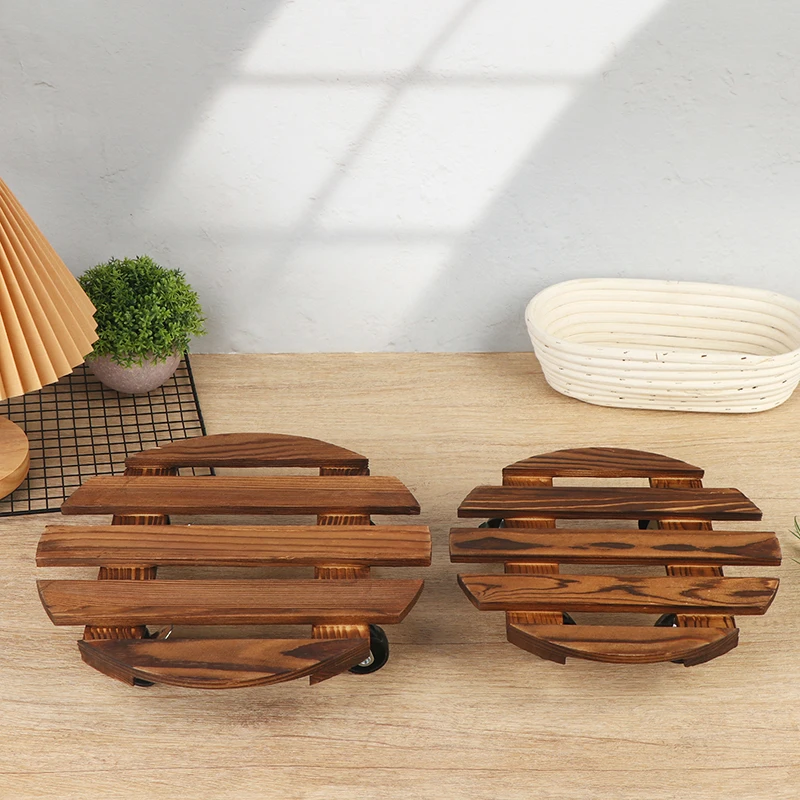 Wood Plant Caddy 2 Lockable 360° Wheels Circular Rolling Plant Stand Indoor/Outdoor Use Patio Flower Pot Gift