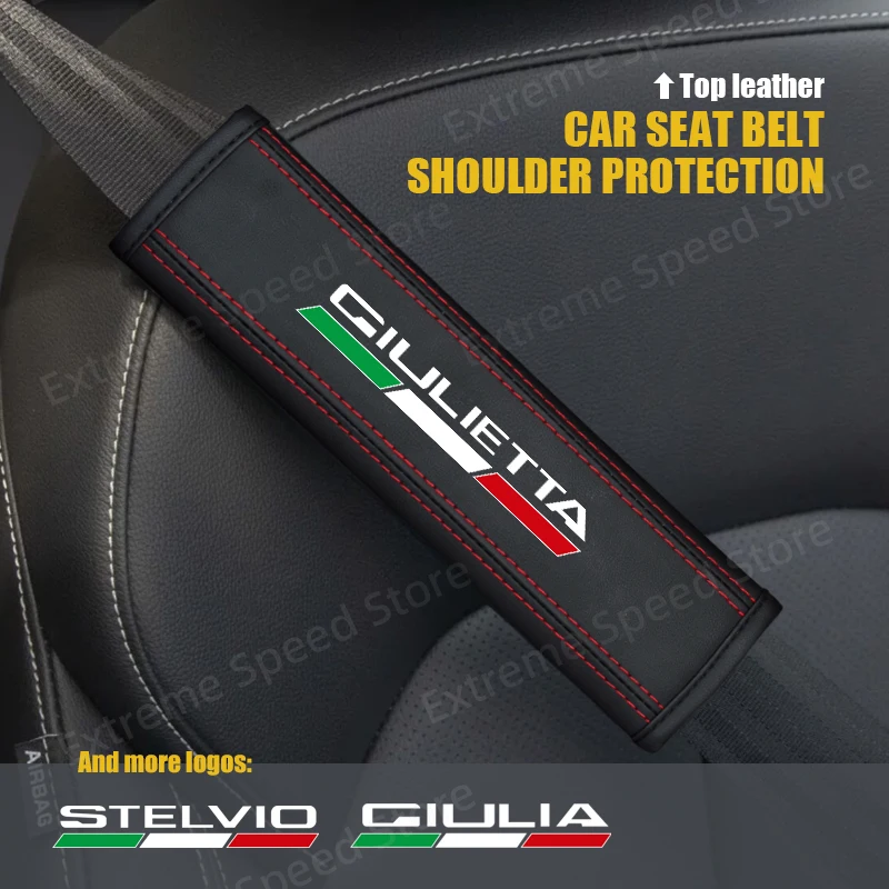 For Stelvio Giulietta Giulia Emblem Leather Car Seat Belt Cushion Safety Belt Shoulder Protector Pad Accessories