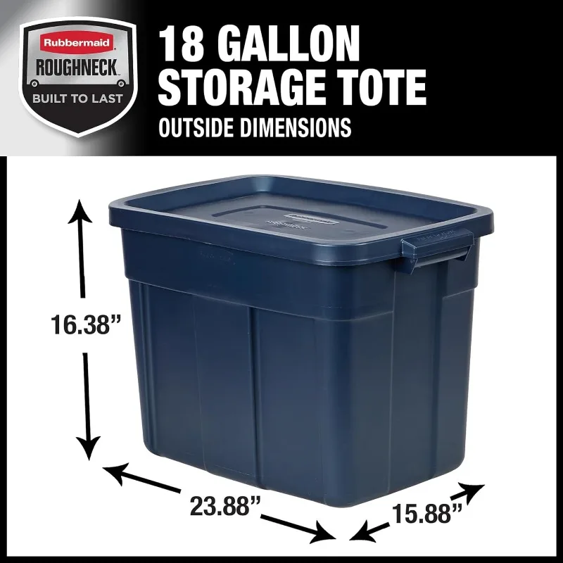 Rubbermaid Roughneck Tote 18 Gal, 6 Pack, Dark Indigo Metallic, Rugged Plastic Stackable Storage Bins with Lids and Handles