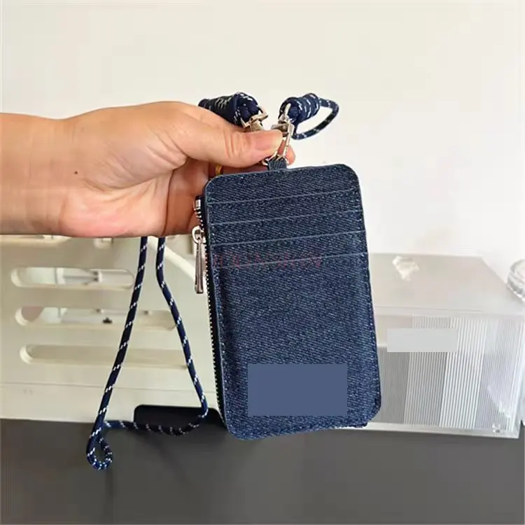 1pcs Dark denim fabric card bag, ID bag, hanging rope, unisex coin purse, multiple card slots with zipper