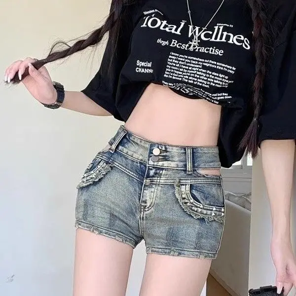 アメリカンホットガールサマーホローヒップハイウエストスリム弾性デニムショートパンツ