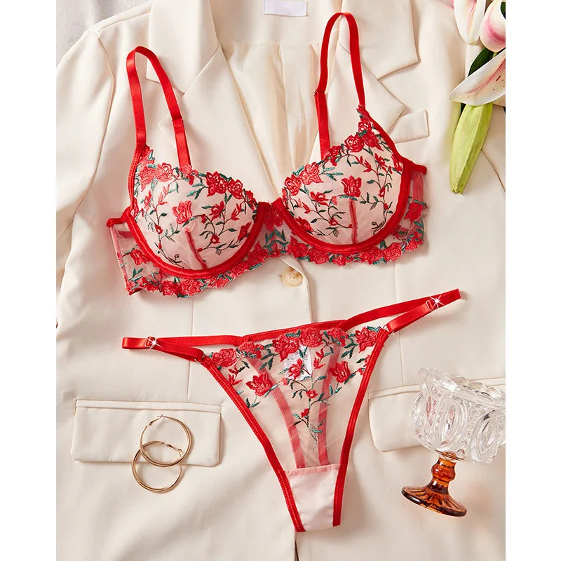 

Daring Lingerie Woman Red Ultra Thin Sexy Lingerie Rose Embroidery Mesh Underwear Set See Through Erotic Sets Sexy Girl Bra Kits