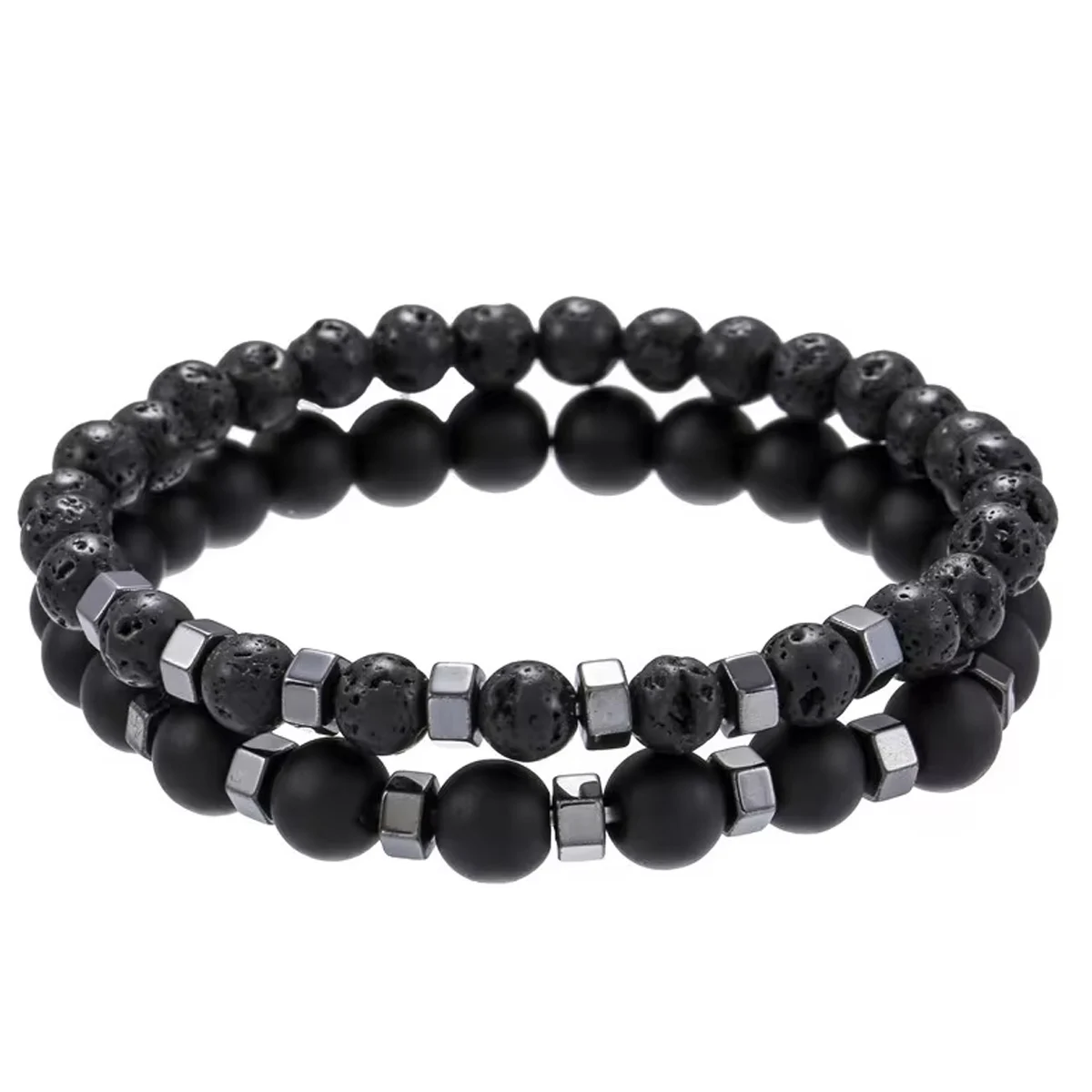 2pcs/set Beaded Bracelet Men 8mm Lava Tiger Eye Stone Bead Charm Men Bracelet Sets Jewelry Gift image 3
