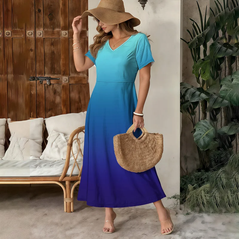 Hoge taille gradiënt zomer dames maxi-jurk V-hals korte mouw vakantie strandjurk dames business casual kleur jurk zomer