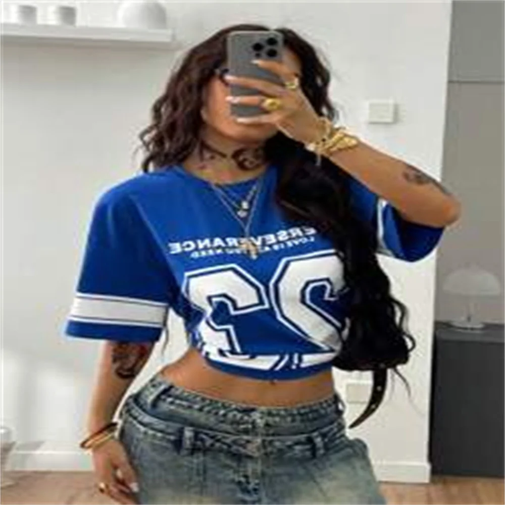 

2025 New Ladies Summer Concert Clothing Festival Streetwear Y2K Going Out Digital Pattern Graphics Blue Jersey Comfortable Tops
