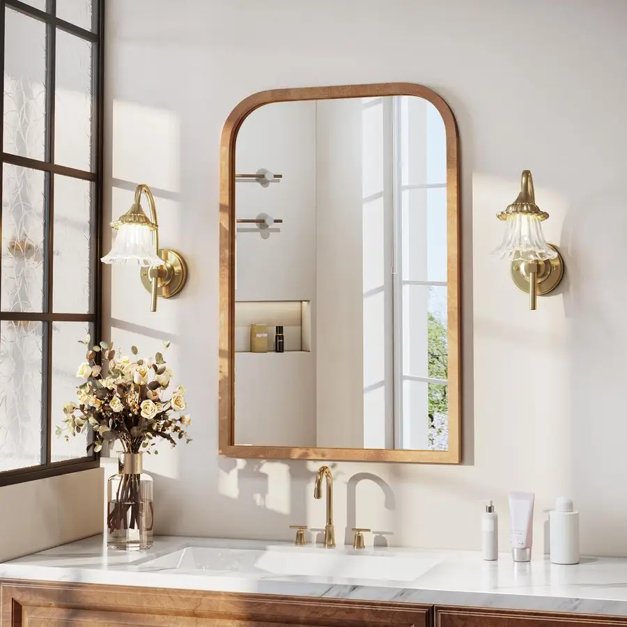 

Арочное деревянное зеркало для ванной ручной работы в современном фермерском стиле с закаленным стеклом и рамой из натурального дерева, с функцией антизапотевания, декоративное