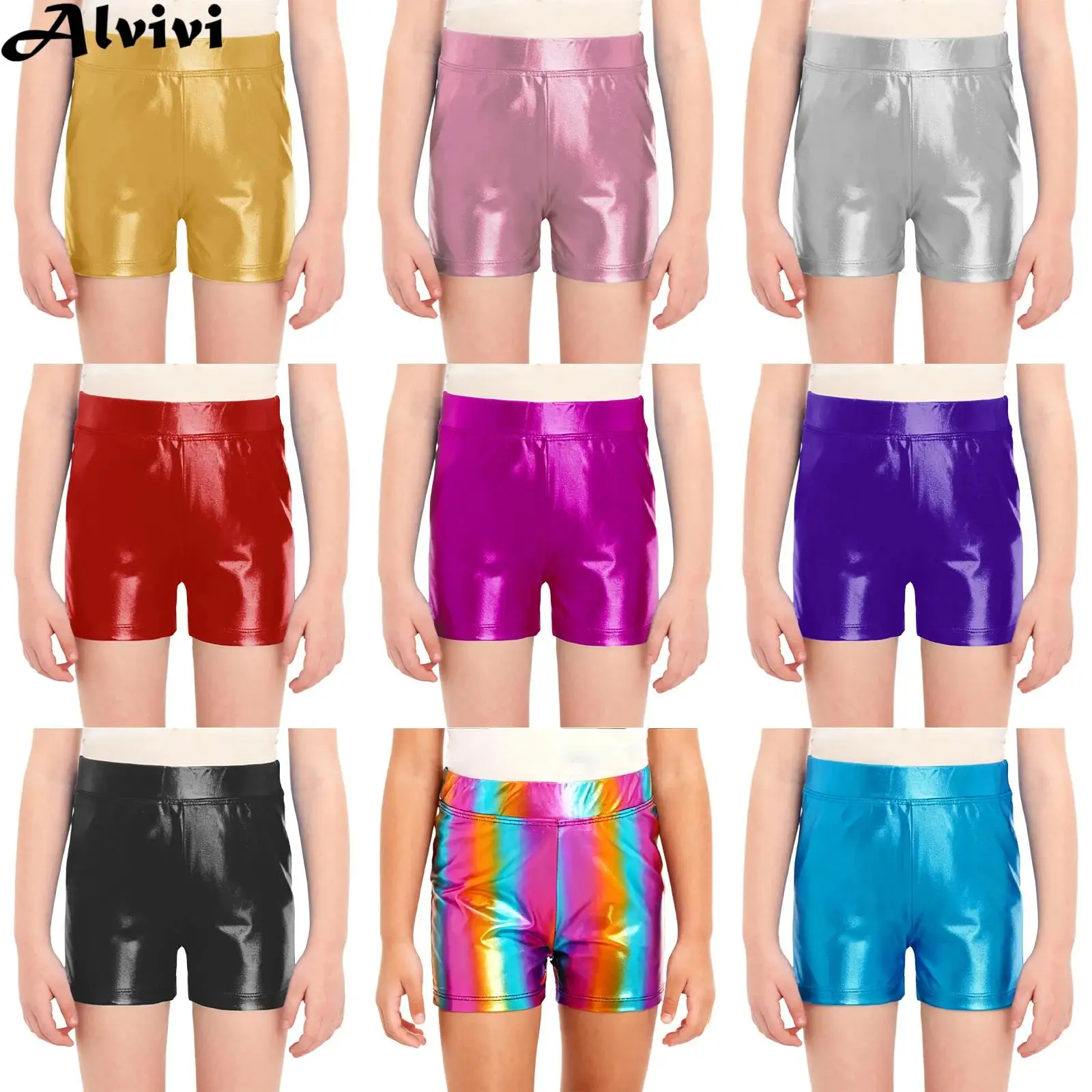 Kids Girls Elastic Waistband Metallic Shiny Shorts Hip Hop Jazz Dance Ballet Gymnastics Yoga Sports Workout Bottoms Dancewear