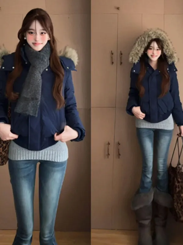 

Korean Sle ort Hooded Cotton Jaet Faionable Gentle Wind Winter Outerwear for Small Figures Sli Commute Zipper