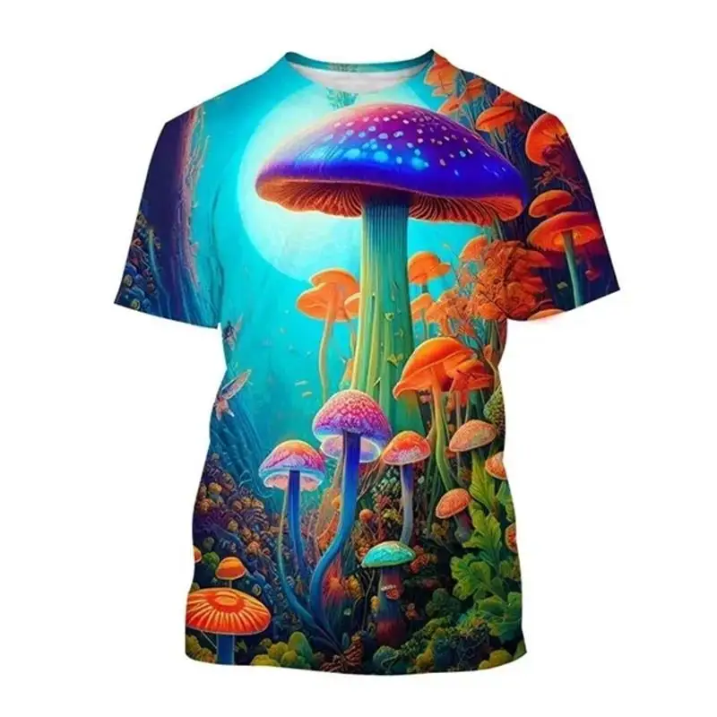 Men Psychedelic Mushroom T‑Shirt Trippy Fantasy Forest Full‑Print Short Sleeve Crew Neck Hippie Tee Tops