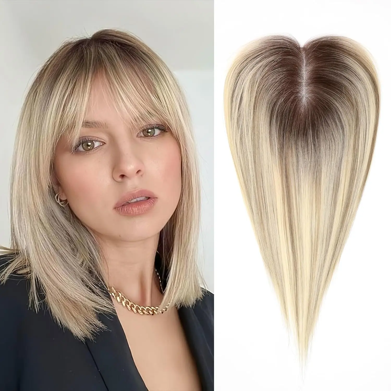 100% Remy Human Hair Topper Blonde Mixed Brown Human Hair Adds Volume with Bangs for Women Daily Use Clip in Hair Extensions