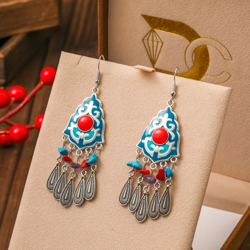 New Ethnic Irregular Natural Stone Metal Water Drop Earrings for Women Vintage Drop Oil Pattern Silver Color Earring Jewelry