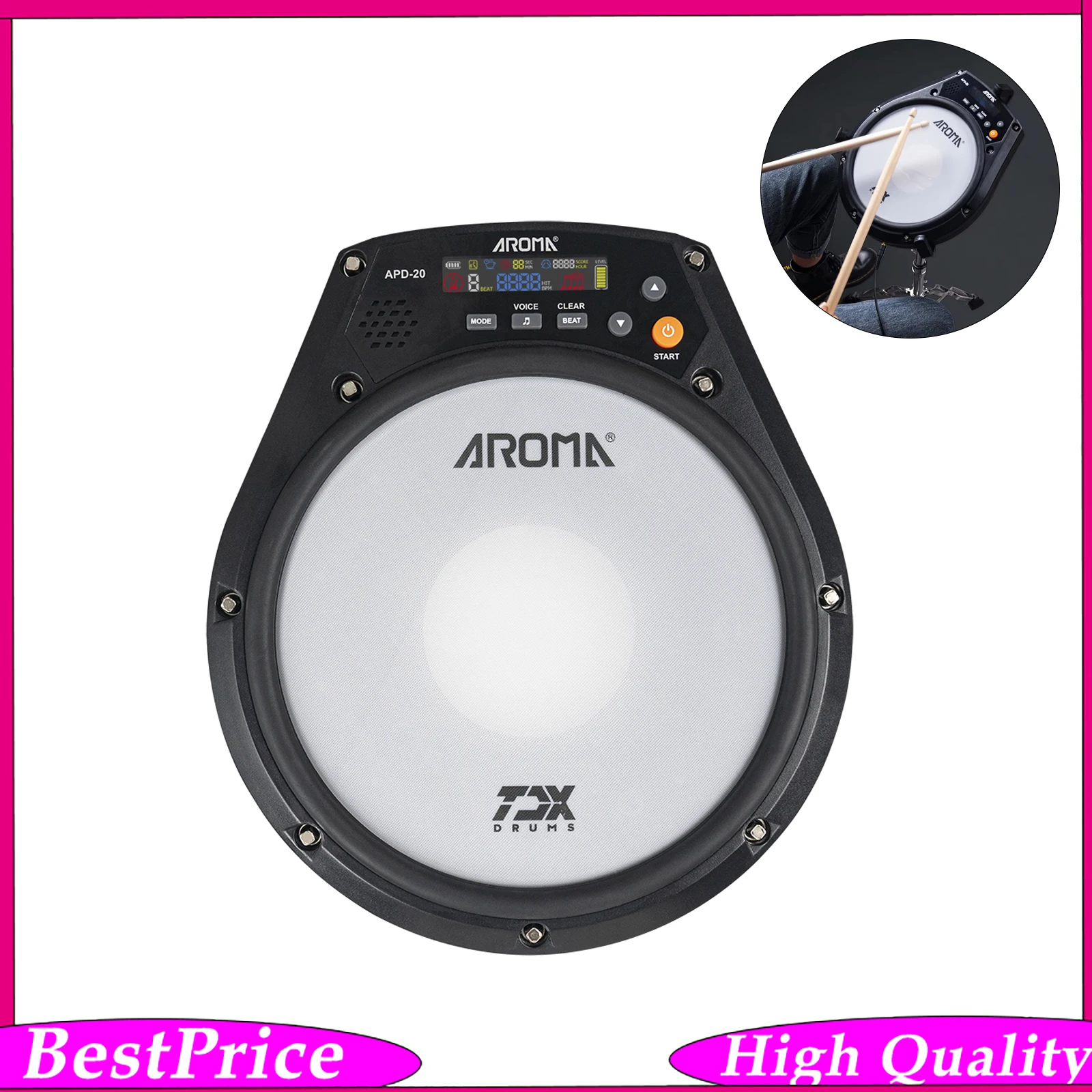 Aroma 8 Inch Electronic Dumb Drum Pad Rechargeable Multifunctional Digital Electric with Speed Detection Metronome Practice Drum
