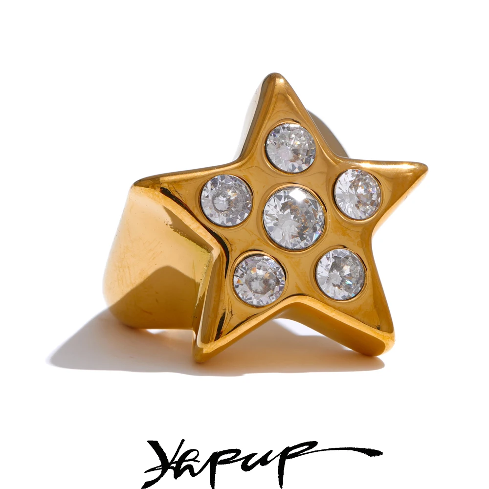 Yhpup Thicker Metal Pentagram Star Cubic Zirconia Ring 18K Gold Color Plated Fashion Statement Jewelry