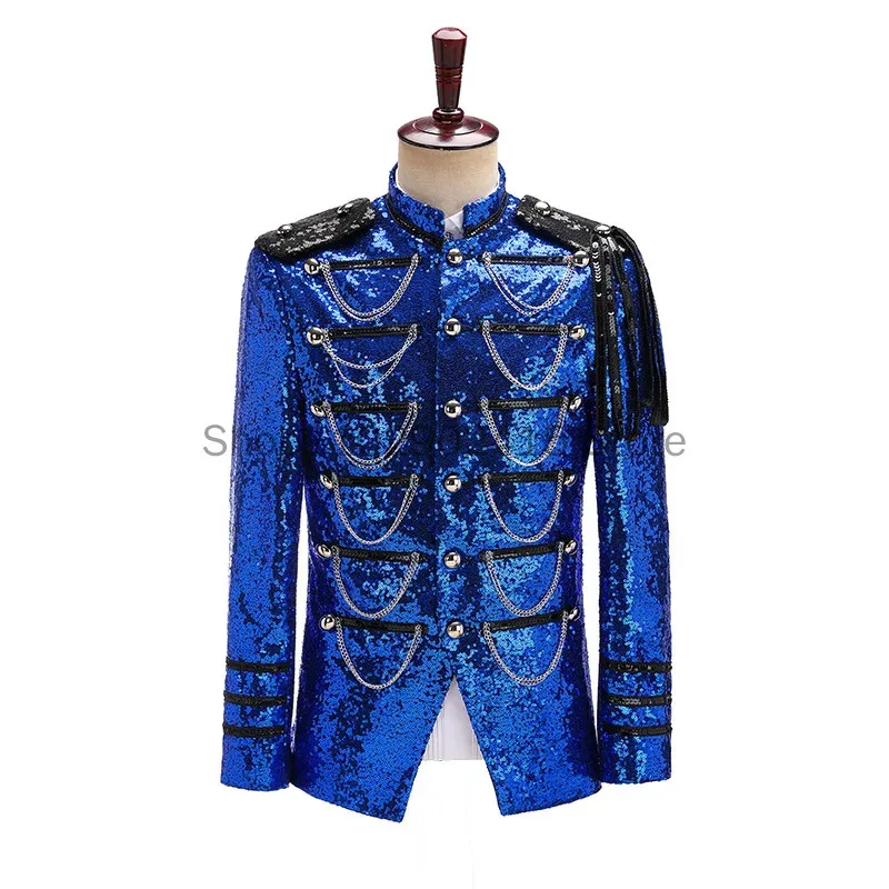 Abrigo de lentejuelas negro, chaqueta Steampunk con cuello levantado, chaqueta con diseño de flecos, traje para club nocturno, fiesta de graduación, traje de Rock, ropa de escenario azul