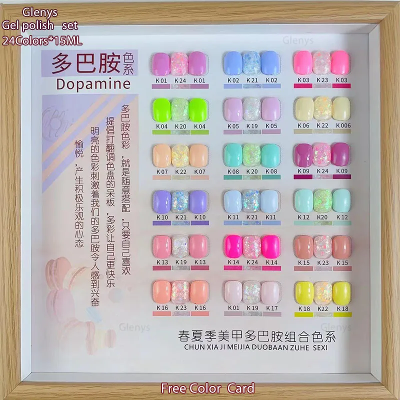 Glenys 24 color Macaron nail polish for opening nail salon nail wholesale immersion UV LED nail gel varnish set