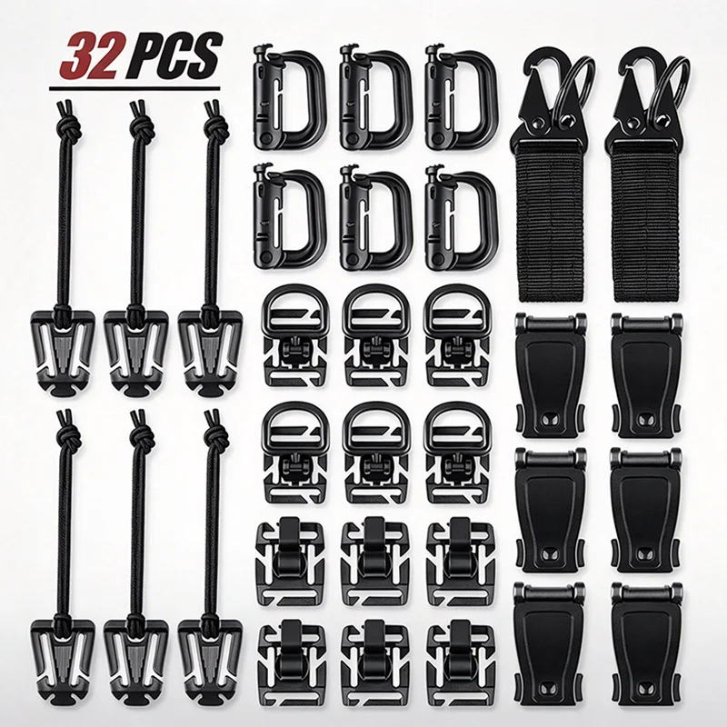 D Ring Strap - Molle-rugzakaccessoireset met 32 accessoires: D-ringen, Grimloc-sluiting,
