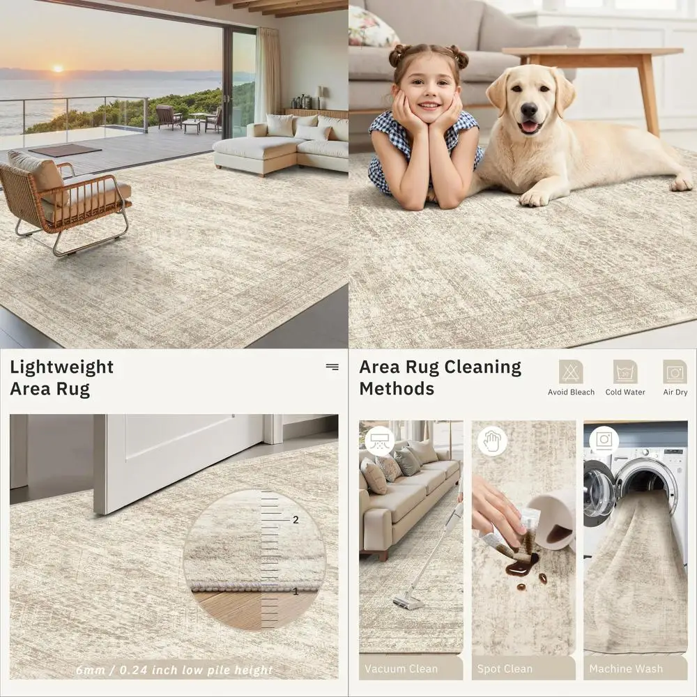 

8x10 Vintage Beige Washable Area Rug, Soft and Stain-Resistant for Living, Dining Rooms & Bedrooms