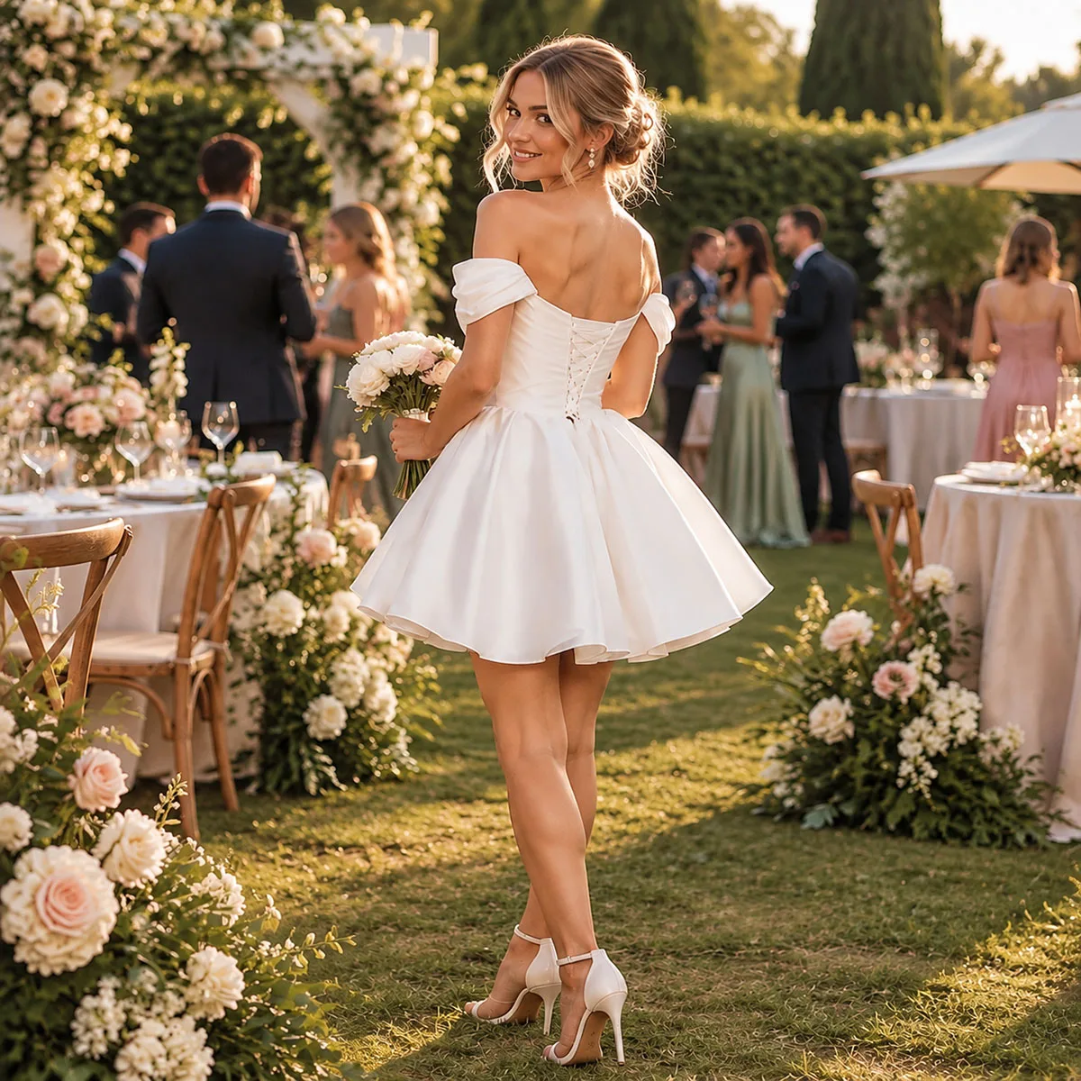 Off the Shoulder Short Wedding Dress for Bride A-Line Mini Bridal Reception Party Dress