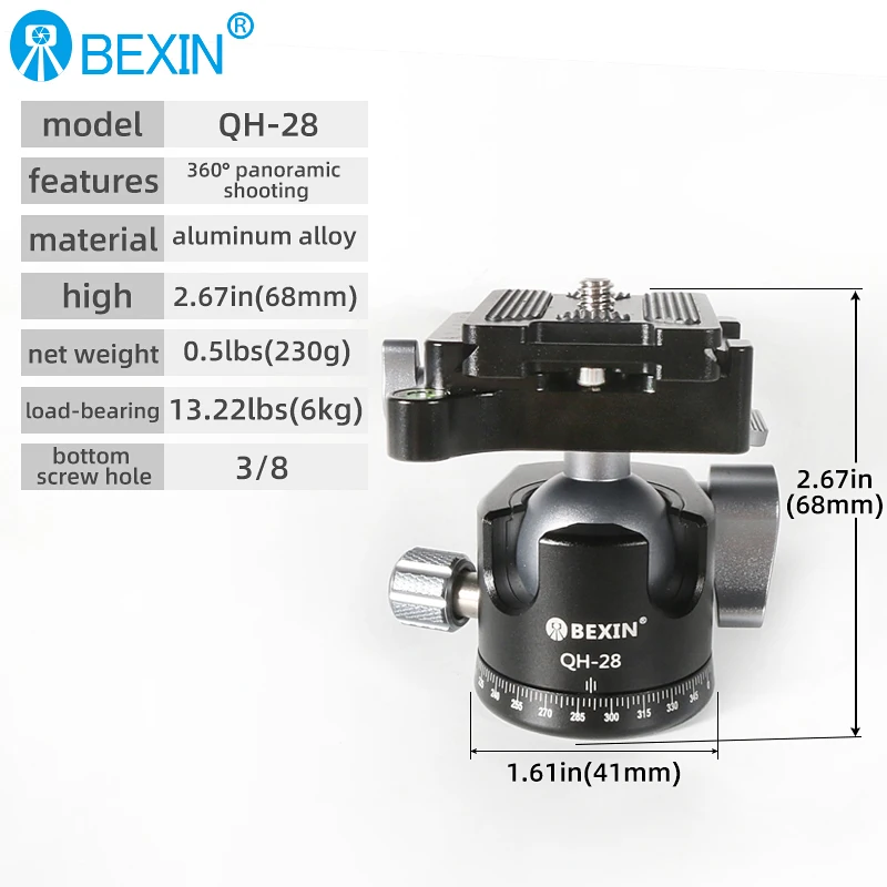 BEXIN Tripod Ball Head with 3/8inch Screw 360 Degree Swivel Aluminum Alloy Photography Ballhead Tripod for DSLR Camera LH28/LH32