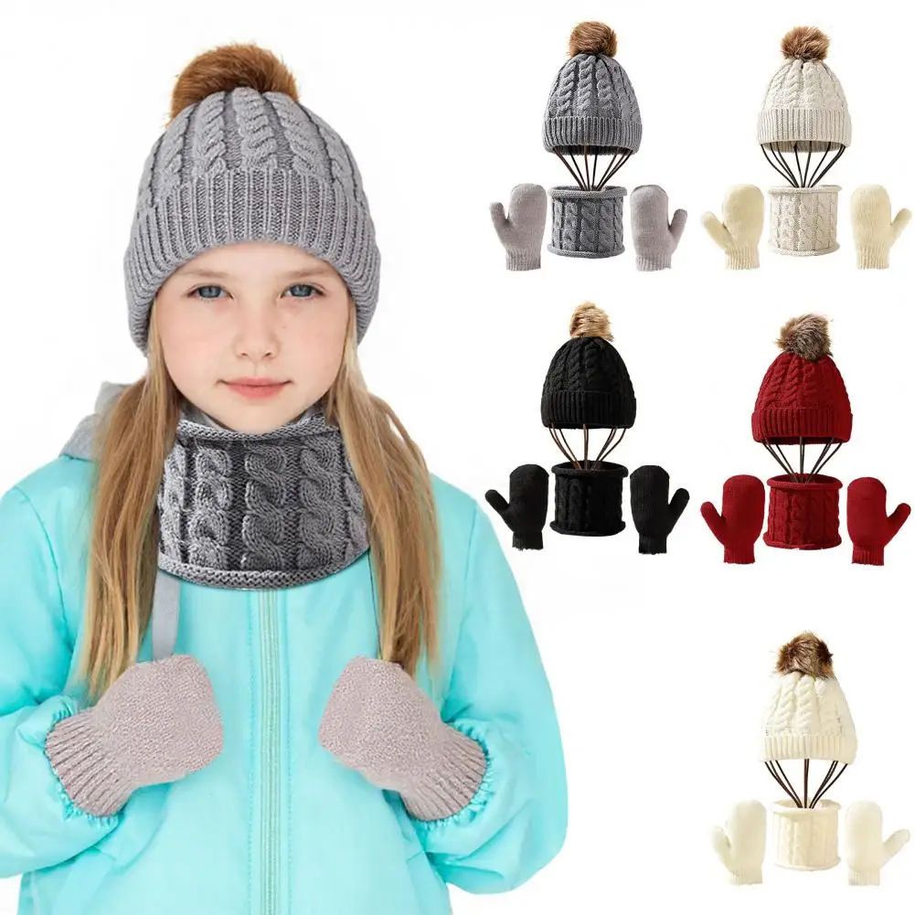 3Pcs/Set Kids Hat Scarf Glove Set Plush Ball Decor Twist Texture Thickened Warm Brimless Hat Long Scarf Touch Screen Gloves Set