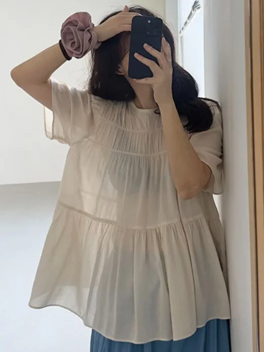 

Ele Lightweight Pleated ort Sve irt Women's Summer New Lazy Sle Loose Lace Trim Top Breathable Comfortable