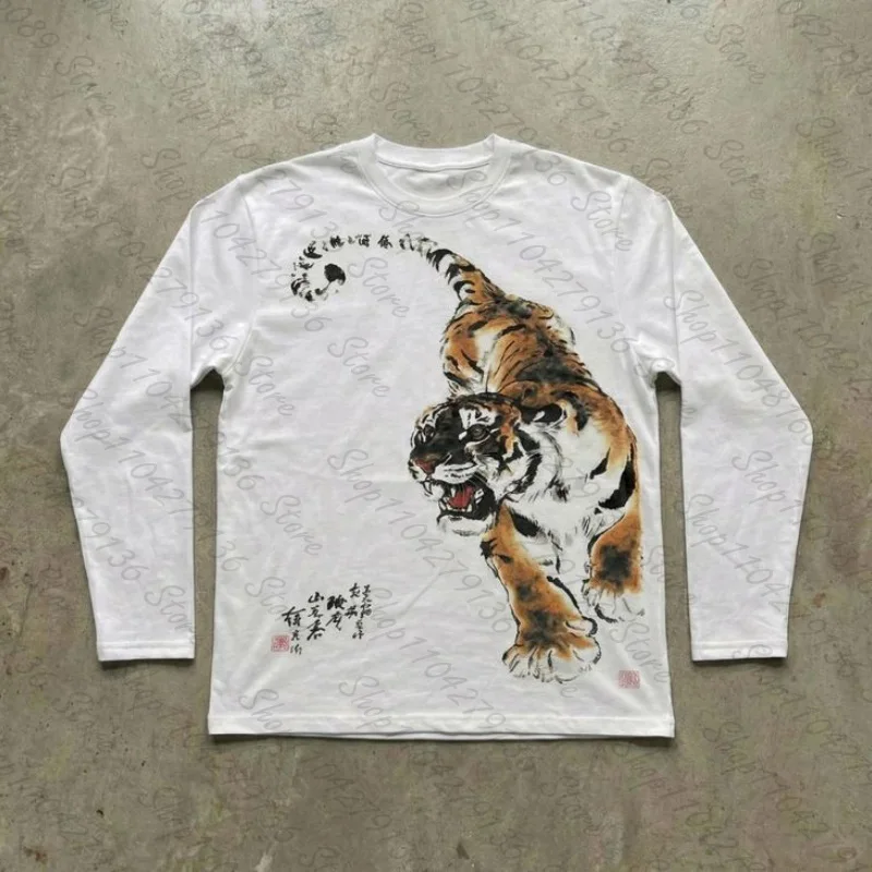 2026 Y2K Vintage Chinese Ink Tiger Print Long Sleeve T‑shirt Unisex Casual Daily Versatile Streetwear Tops