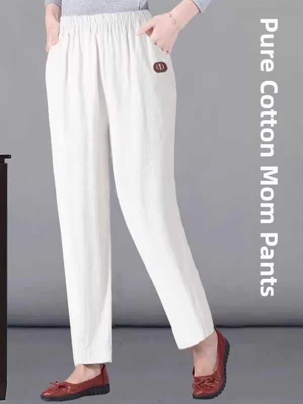 

Весенне-летние хлопковые льняные брюки с высокой талией, прямые повседневные брюки, женские брюки с девятью точками и эластичной резинкой на талии, корейские брюки